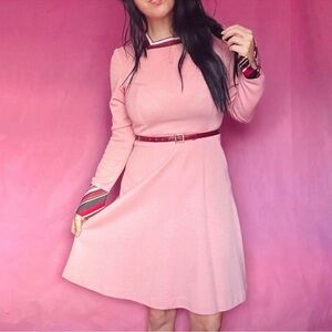 70s Vintage Jerrell of Texas Pink Long Sleeve Dress with Belt & Matching Scarf